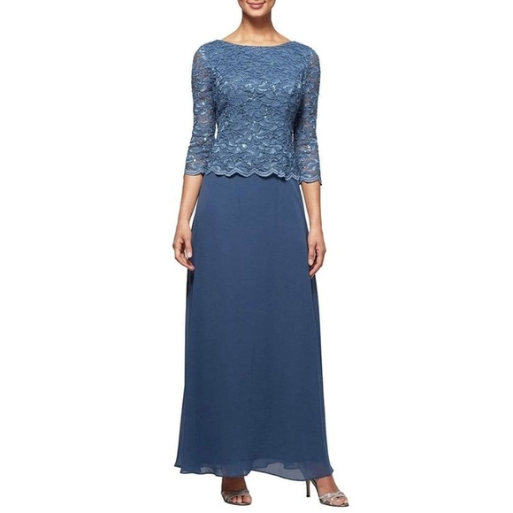 Alex Evenings Mock Two-Piece Sequin Chiffon Gown Lace Dress Wedgewood Sz. 6P - Picture 4 of 5